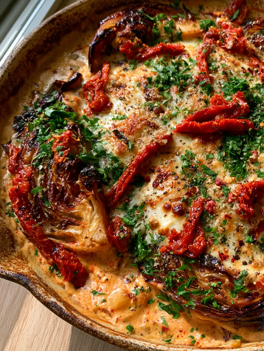 Close-up of seared cabbage wedges with charred edges in a thick orange cream sauce with sun-dried tomatoes. (Marry Me Melting Cabbage)