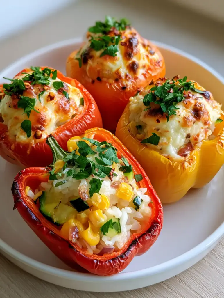 Stuffed Bell Peppers with Rice & Veggies: The Ultimate Vibrant Vegetarian Roast 2 Top-down view of three Stuffed Bell Peppers with Rice & Veggies on a white plate, showing golden melted cheese and fresh parsley garnish.