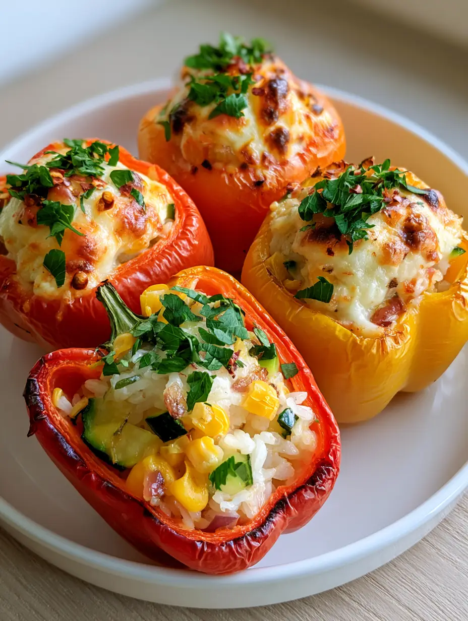 Stuffed Bell Peppers with Rice & Veggies: The Ultimate Vibrant Vegetarian Roast 3 Top-down view of three Stuffed Bell Peppers with Rice & Veggies on a white plate, showing golden melted cheese and fresh parsley garnish.