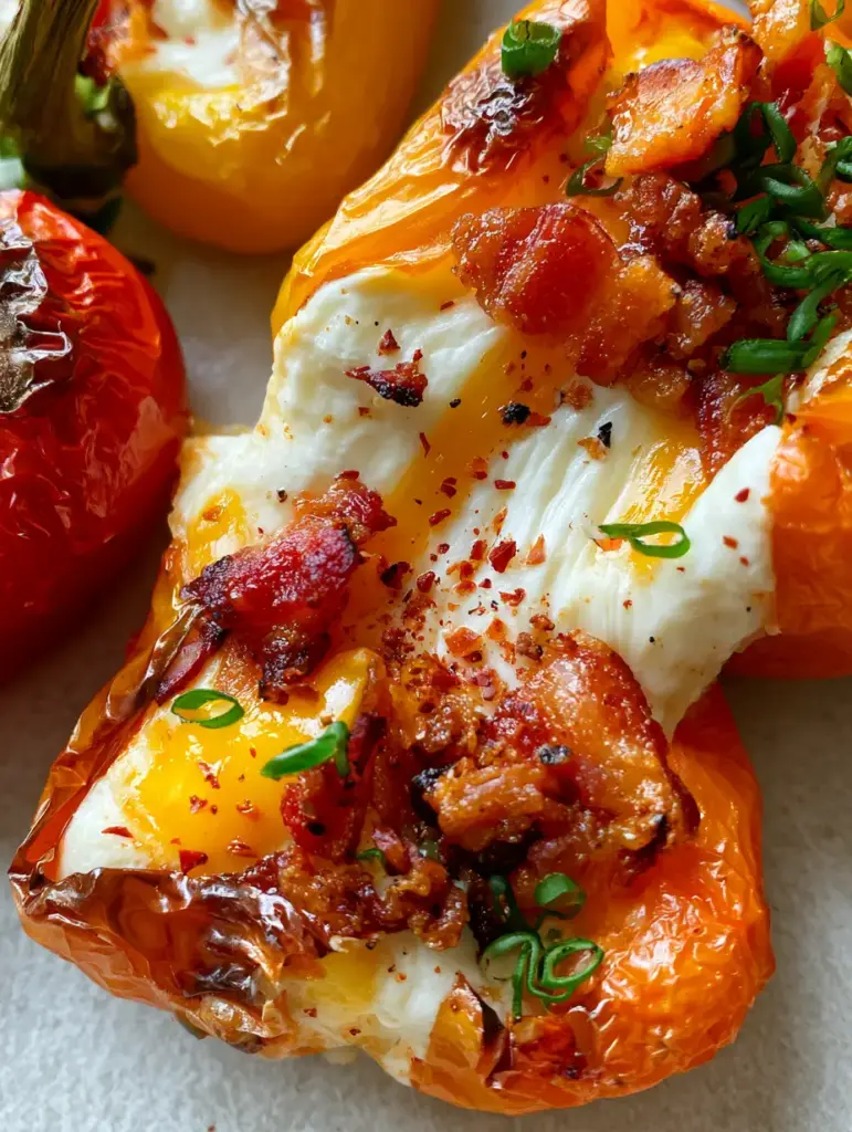 Cheese-Stuffed Mini Peppers: The Ultimate Air Fryer Appetizer with a Perfect Cheese Pull 1 A pepper being pulled apart to show a gooey white and yellow cheese pull with chili flakes. (cheese-stuffed mini peppers)