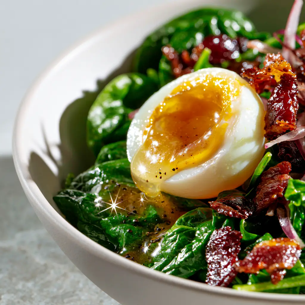 Spinach Salad with Eggs: The Ultimate Recipe with Warm Bacon Vinaigrette 2 Macro photography of a liquid gold egg yolk spilling onto fresh spinach salad with eggs and mahogany bacon.