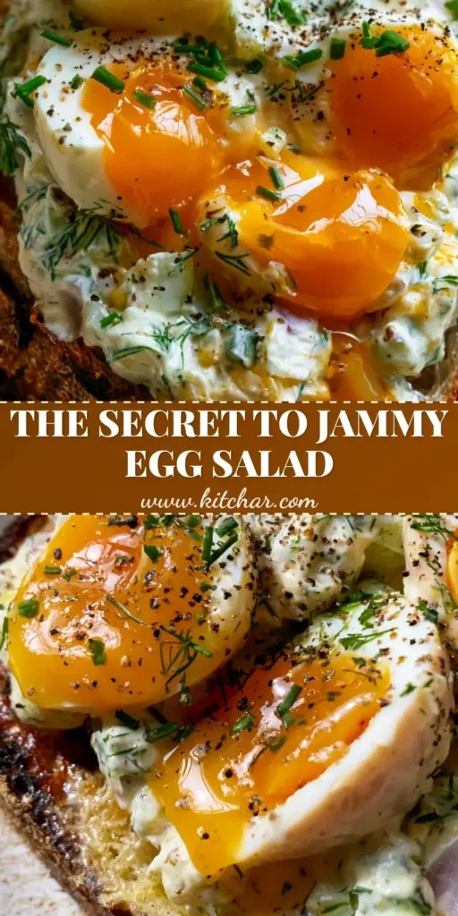 Egg Salad Sandwich with Jammy Yolks and Toasted Sourdough 4 A gourmet egg salad sandwich with jammy orange yolks and fresh dill on thick-cut toasted sourdough bread.