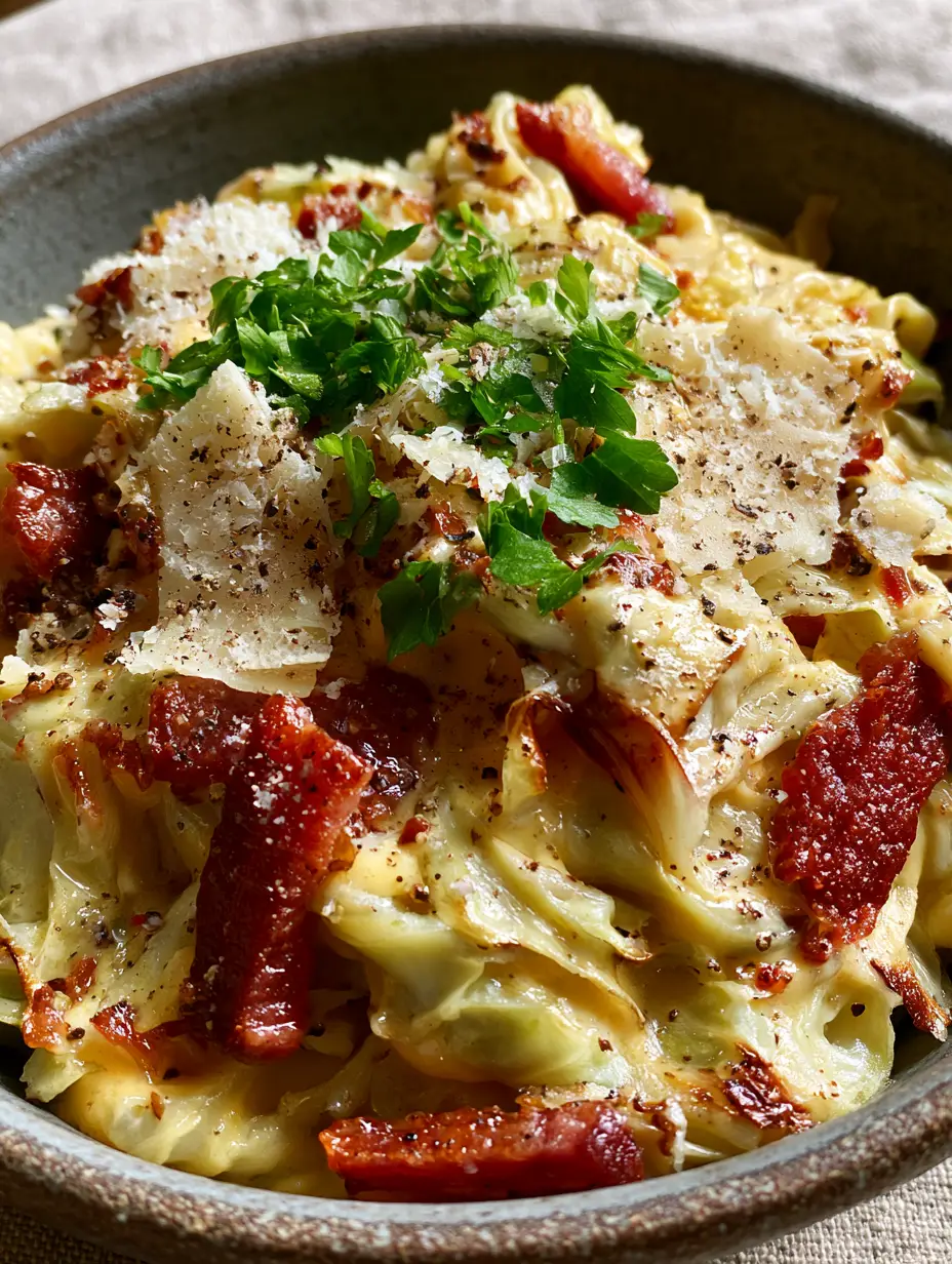 Overhead shot of Cabbage Carbonara showing the pale golden sauce and snowy Pecorino Romano topping. (cabbage carbonara)