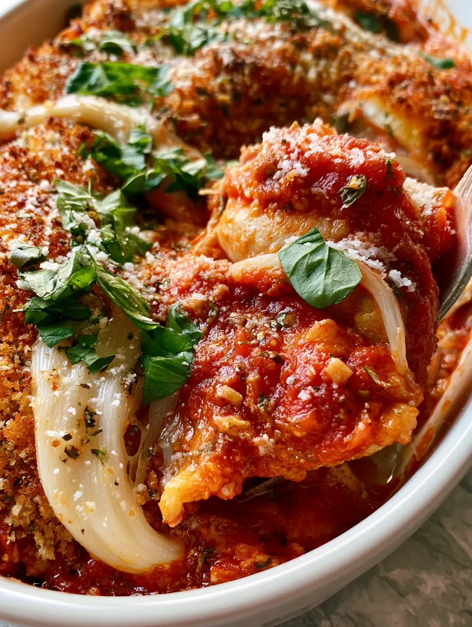 Close-up of a fork lifting a portion of Chicken Parmesan Casserole showing juicy chicken chunks and thick marinara sauce.