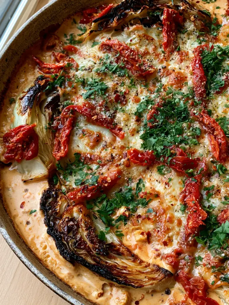 A top-down view of melted mozzarella and toasted parmesan on cabbage wedges garnished with parsley and red pepper flakes.