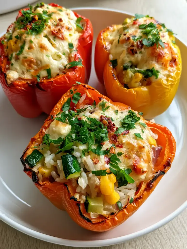 Stuffed Bell Peppers with Rice & Veggies: The Ultimate Vibrant Vegetarian Roast 1 Close-up of a yellow stuffed bell pepper filled with steaming white rice, zucchini, and corn under a layer of bubbly cheese.
