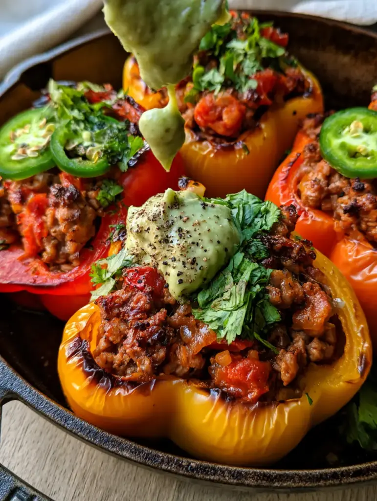 Whole30 Stuffed Peppers with Juicy Ground Turkey and Avocado-Lime Drizzle 2 Close-up of blistered red and yellow Whole30 stuffed peppers filled with browned ground turkey and cilantro.