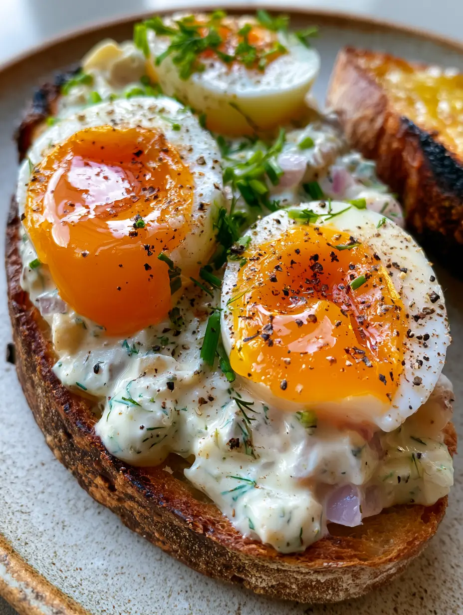Egg Salad Sandwich with Jammy Yolks and Toasted Sourdough 3 Extreme macro close-up of egg salad sandwich showing large chunks of soft-boiled eggs and jammy yolks.