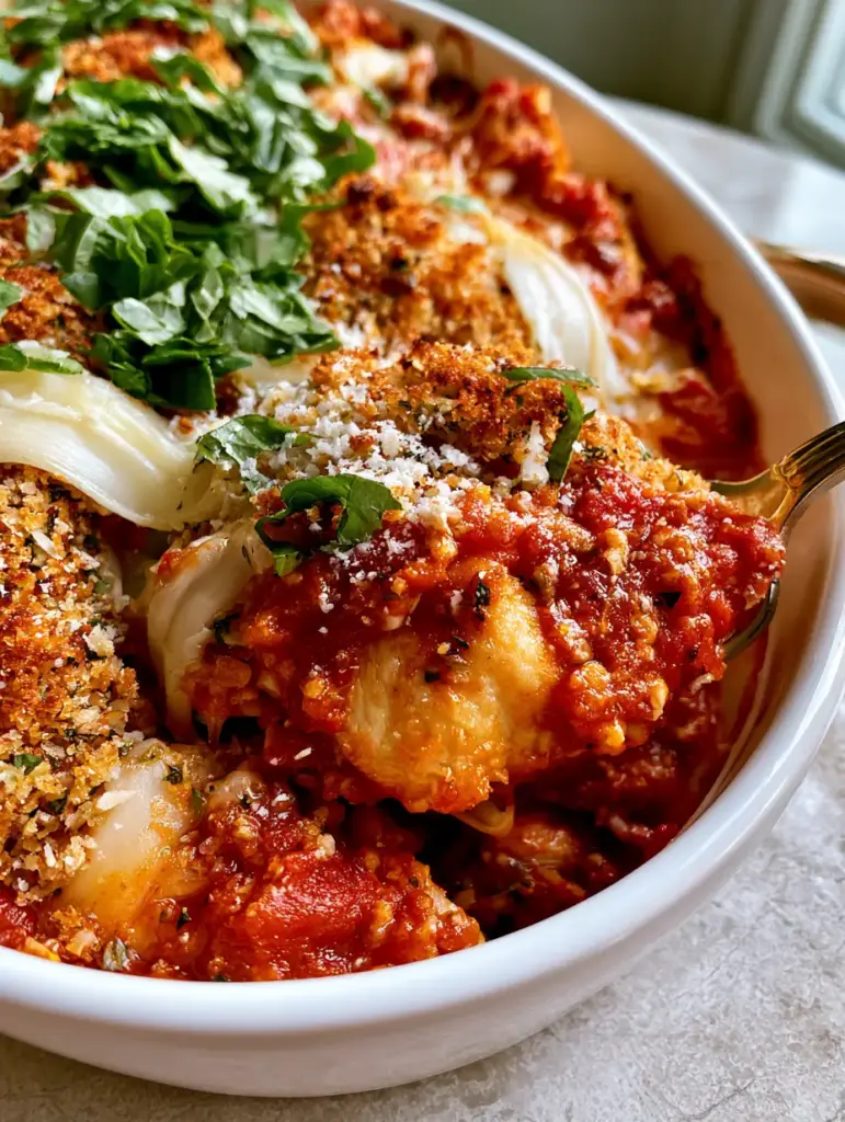 Top view of a Chicken Parmesan Casserole with snow-white parmesan dusting and bright green torn basil leaves.