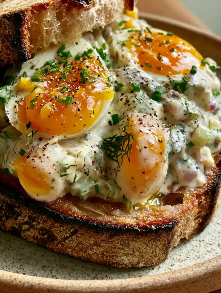 Egg Salad Sandwich with Jammy Yolks and Toasted Sourdough 1 Toasted artisanal sourdough bread with charred edges and a creamy herb-flecked egg salad filling.