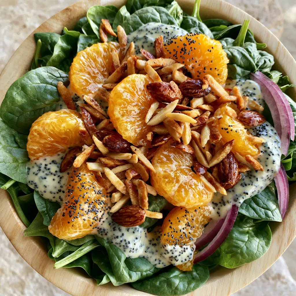 Spinach Mandarin Salad with Creamy Poppy Seed Dressing 1 Top-down photo of a lush spinach mandarin salad with a thick drizzle of creamy poppy seed dressing in a wooden bowl.