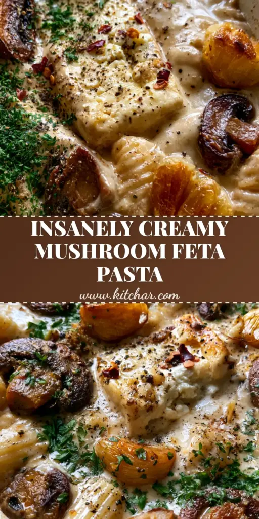 A close-up of a white baking dish filled with Baked Feta Pasta with Mushrooms, featuring glossy ridged pasta and roasted garlic.