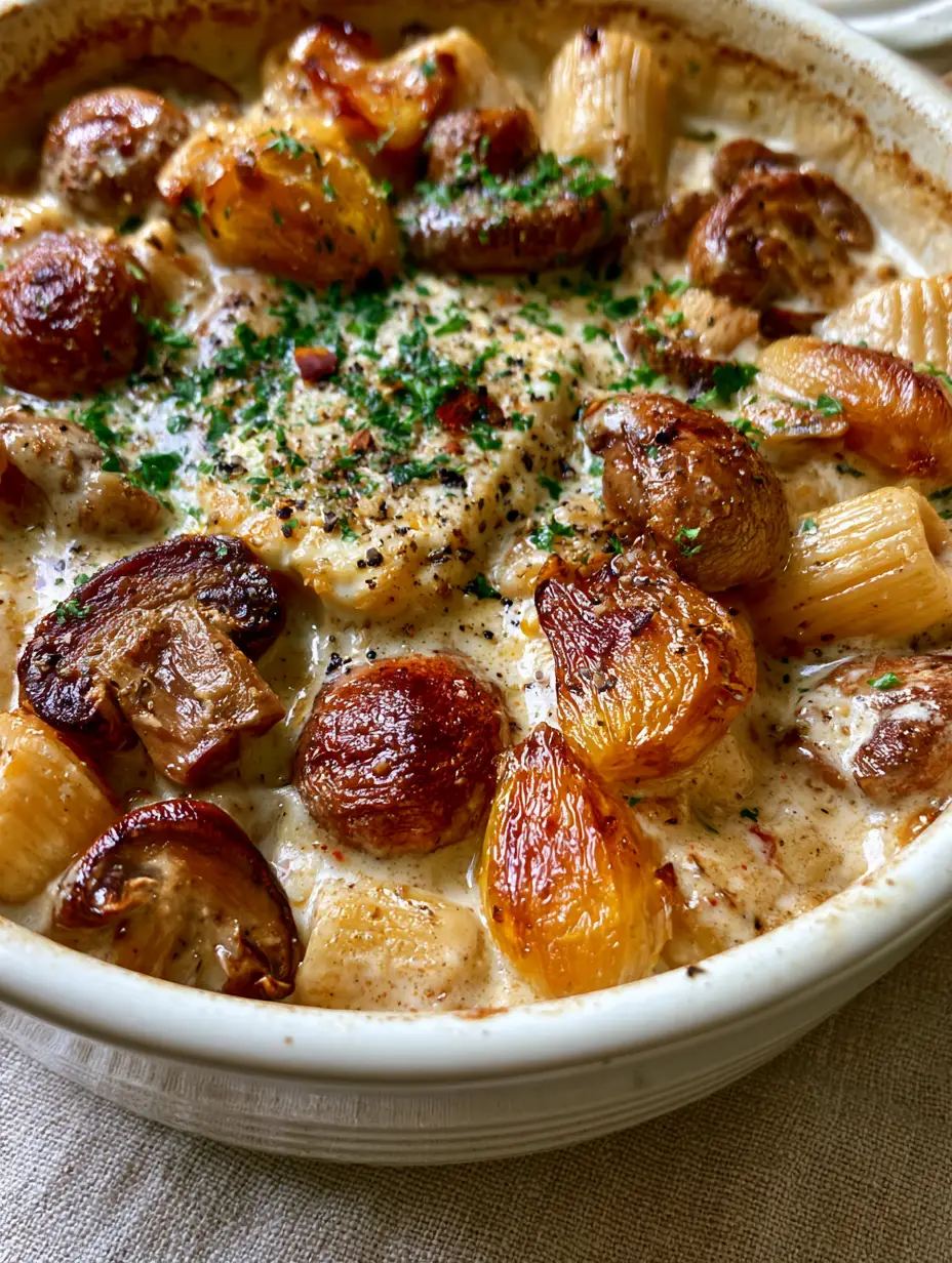 Overhead view of Baked Feta Pasta with Mushrooms in a white ceramic dish with parsley garnish.