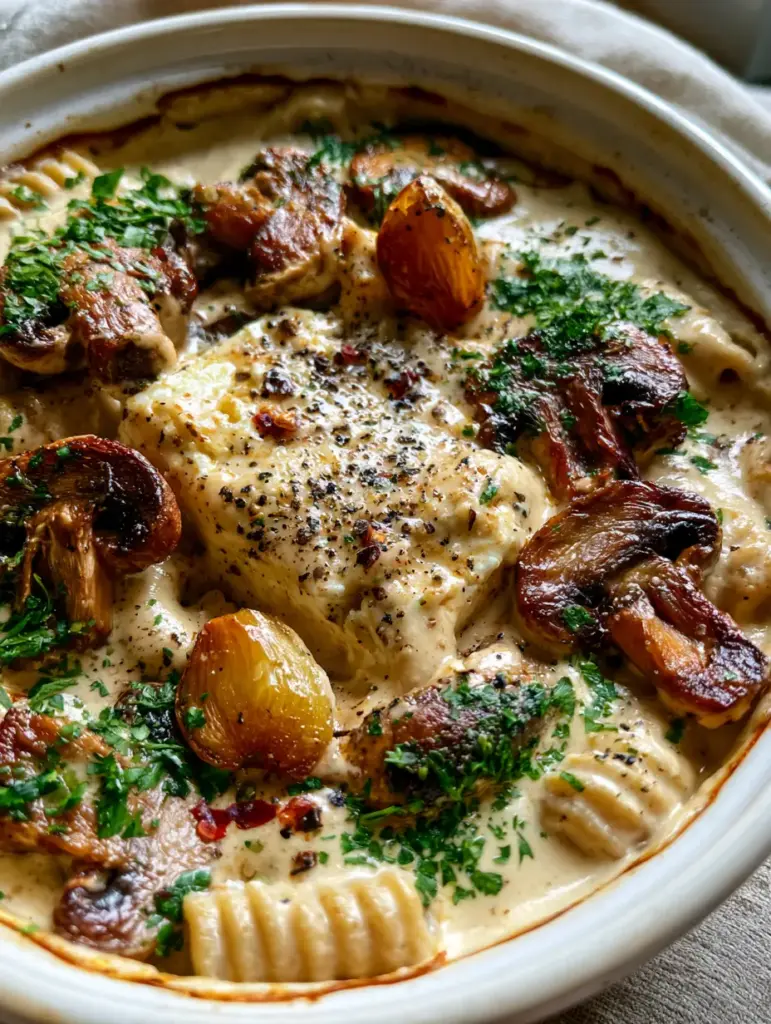 Close-up of ridged pasta coated in a heavy glossy feta sauce with caramelized garlic.