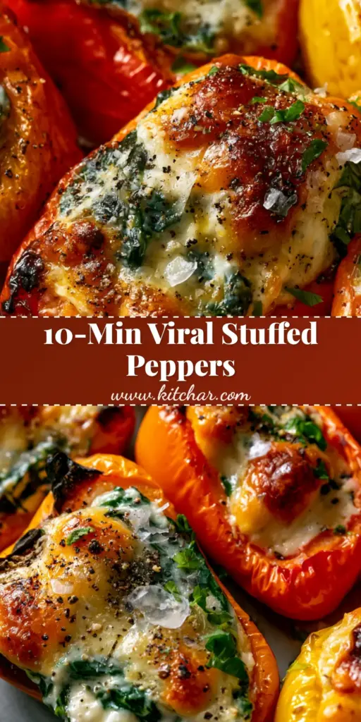 Ricotta Stuffed Peppers with Blistered Skins and a Toasted Parmesan Crust 4 A close-up of vibrant red, orange, and yellow ricotta stuffed peppers with blistered skins and a golden parmesan crust on a grey plate.