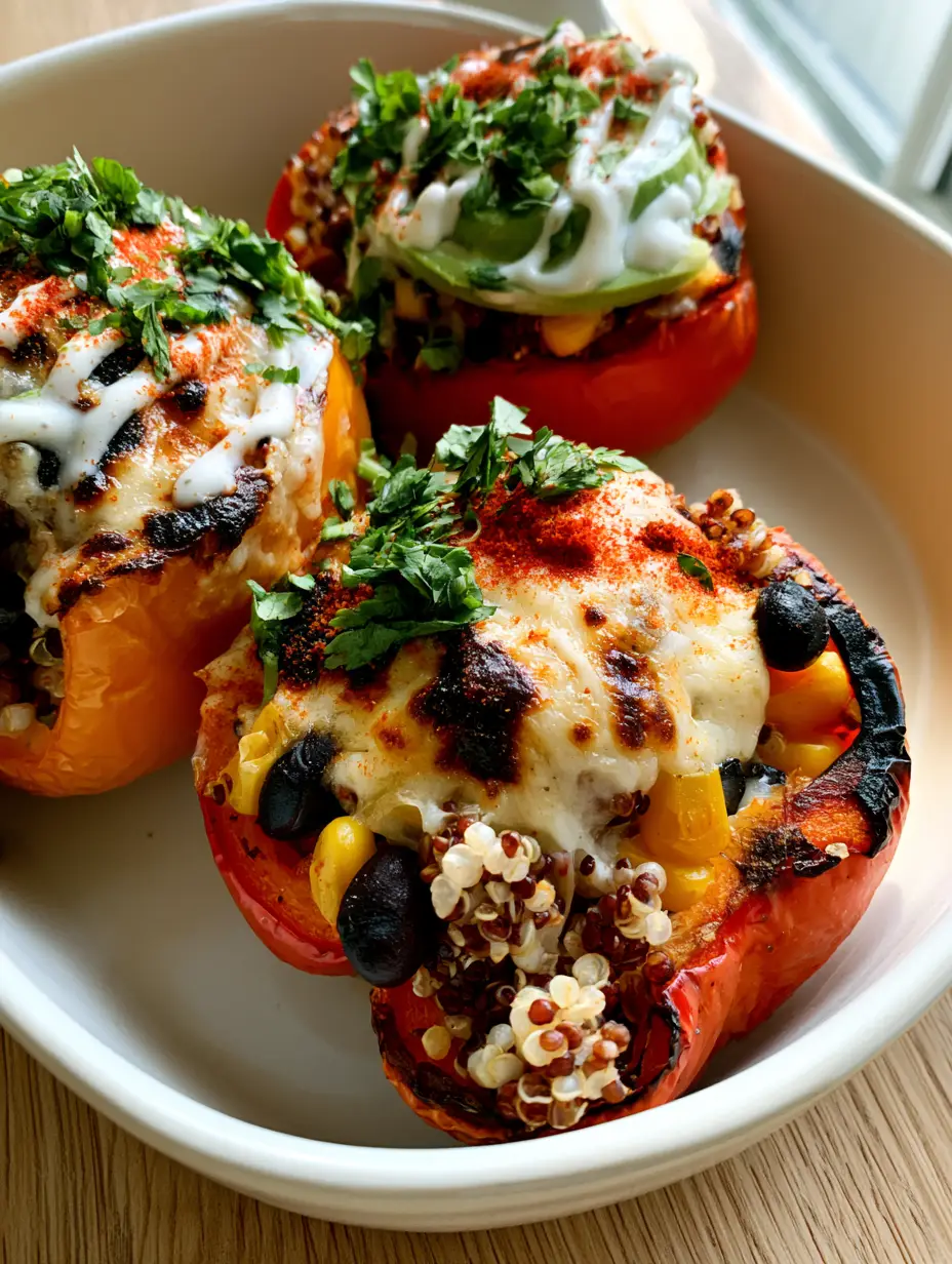 Quinoa and Black Bean Stuffed Peppers with Zesty Lime Crema 3 Top-down view of vibrant red and orange stuffed peppers with charred edges and bubbly cheese. (Quinoa and Black Bean Stuffed Peppers)