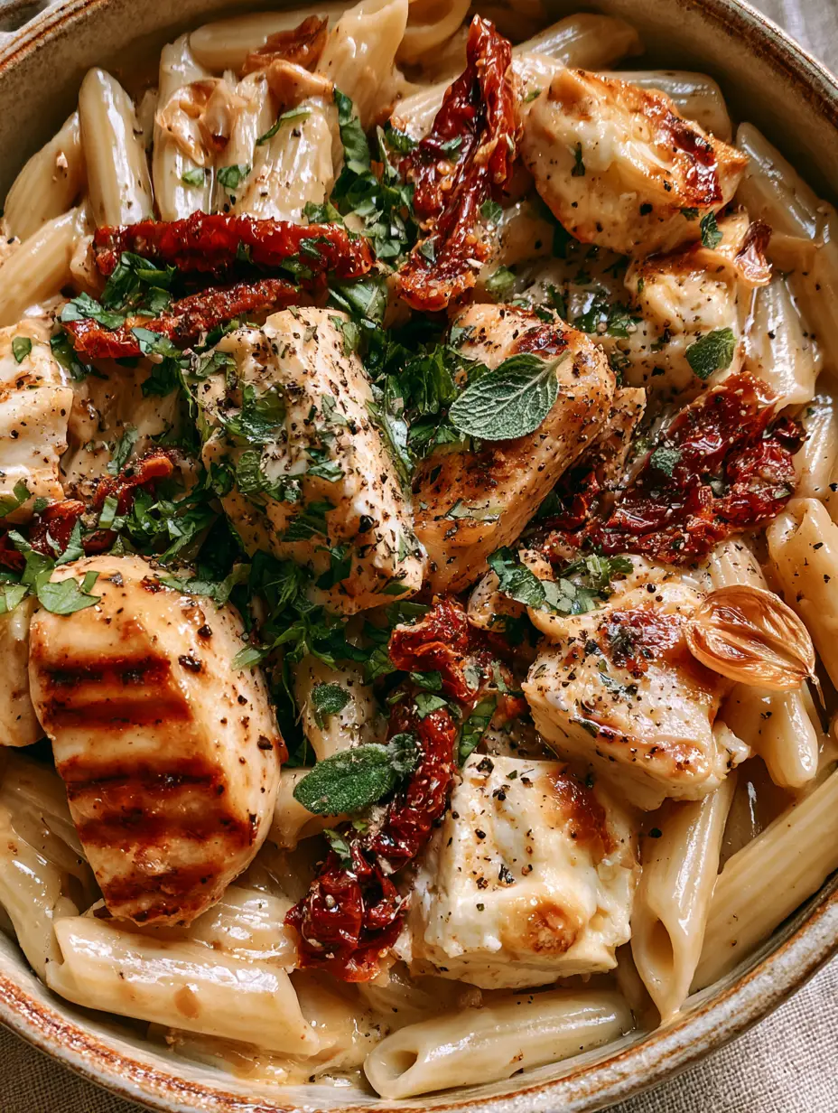 Mediterranean Chicken Feta Pasta with Golden Seared Chicken and Sun-Dried Tomatoes 3 Close-up POV of Mediterranean Chicken Feta Pasta showing glossy sauce, sun-dried tomatoes, and toasted garlic slivers. (Mediterranean Chicken Feta Pasta)
