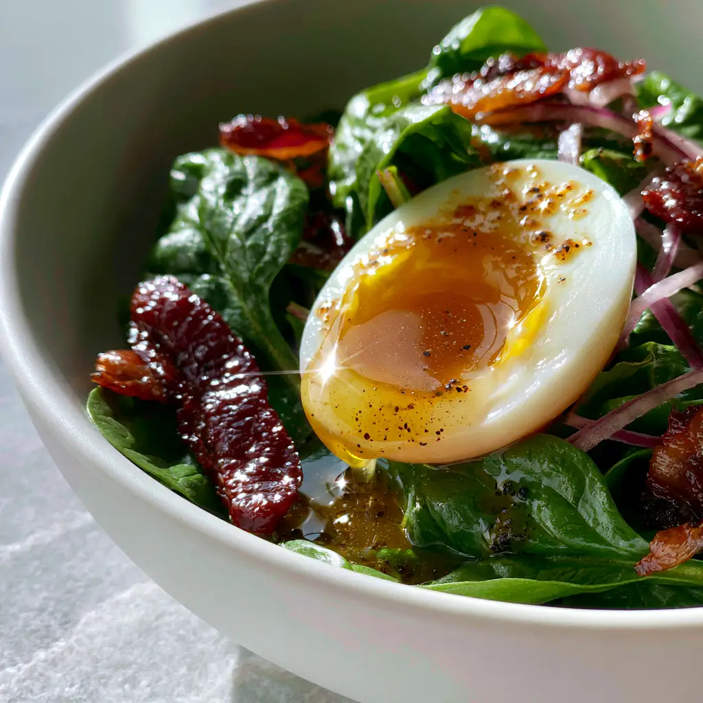 Spinach Salad with Eggs: The Ultimate Recipe with Warm Bacon Vinaigrette 1 Close-up of translucent warm bacon vinaigrette glistening on a spinach salad with eggs.