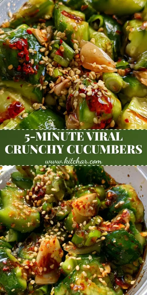 A close-up of a viral cucumber salad inside a clear deli container with bright red chili oil streaks and sesame seeds.