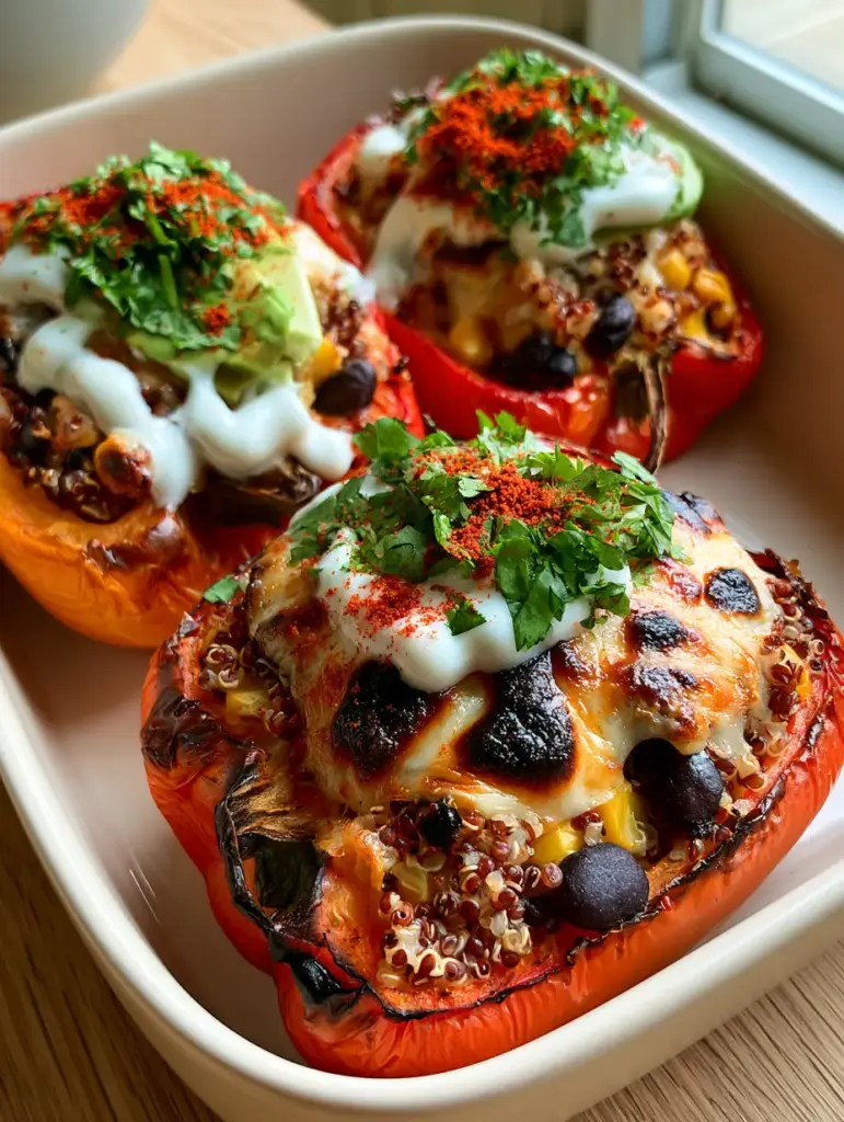 Quinoa and Black Bean Stuffed Peppers with Zesty Lime Crema 1 Close-up of the fluffy red and white quinoa filling with black beans and corn inside a roasted pepper. (Quinoa and Black Bean Stuffed Peppers)