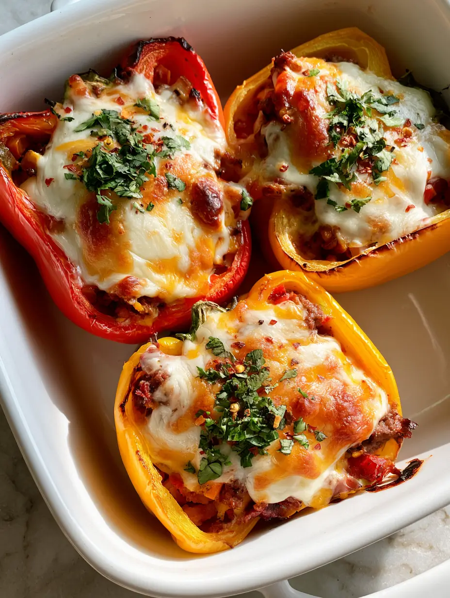 Stuffed Bell Peppers Recipes: The Ultimate Cheesy Ground Beef Guide 3 High-angle close-up of red and yellow stuffed bell peppers showing charred edges and toasted cheese spots. (Stuffed Bell Peppers Recipes)