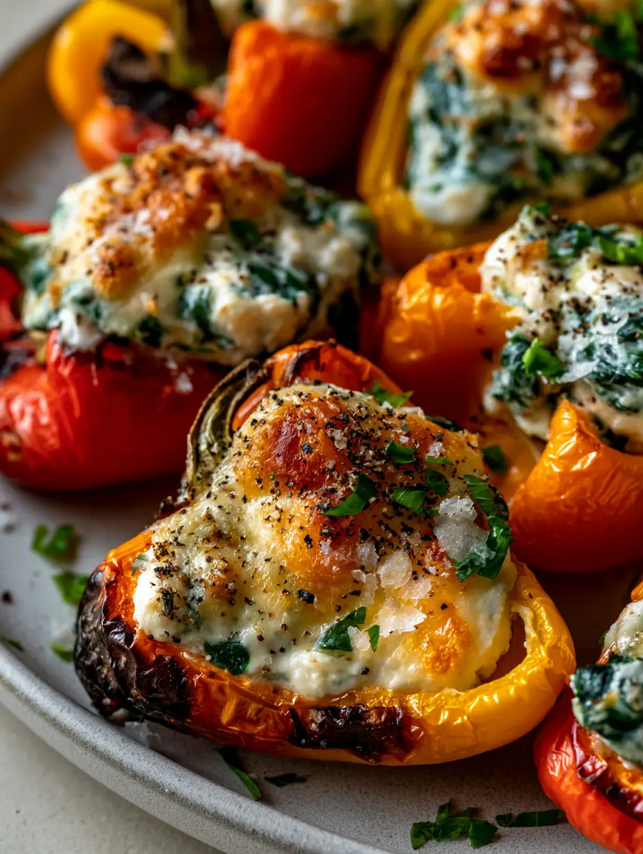 Ricotta Stuffed Peppers with Blistered Skins and a Toasted Parmesan Crust 3 Macro shot of air-fried ricotta stuffed peppers showing visible charred spots and creamy white filling. (ricotta stuffed peppers)
