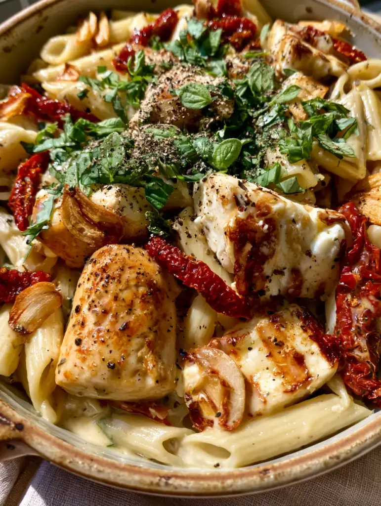 Mediterranean Chicken Feta Pasta with Golden Seared Chicken and Sun-Dried Tomatoes 1 High-angle shot of seared chicken chunks and browned feta blocks in a rustic skillet. (Mediterranean Chicken Feta Pasta)