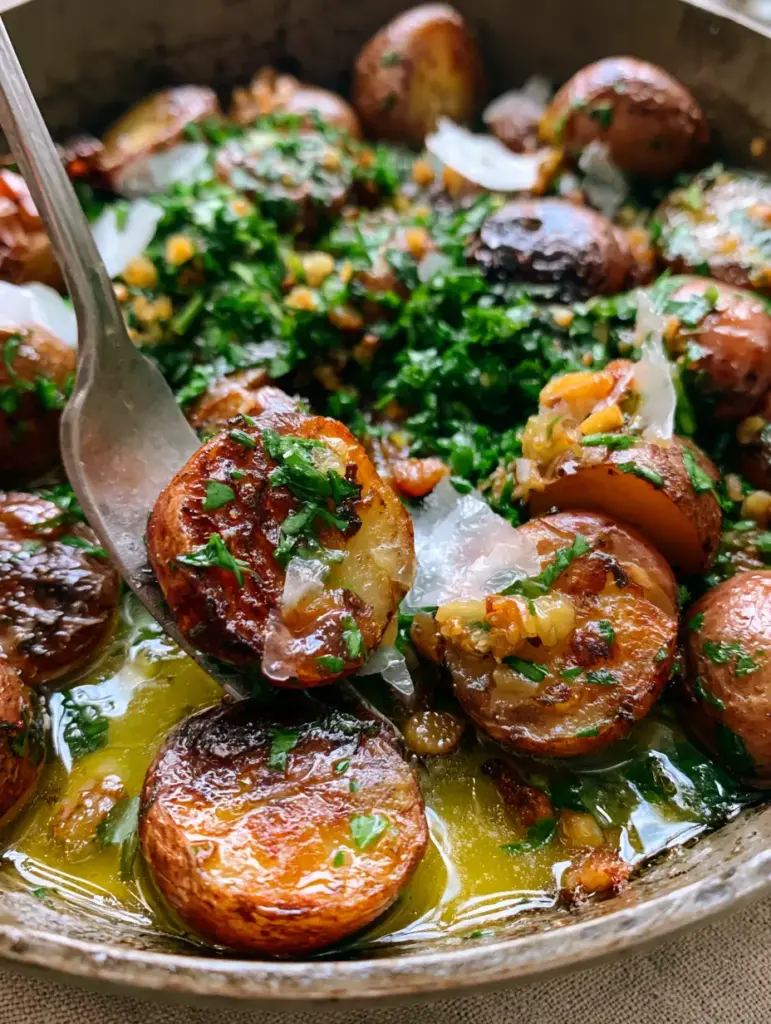 Potato Side Dishes: Crispy Garlic Butter Skillet Red Potatoes 2 Close-up of golden-brown charred baby potatoes in a pool of melted butter with garlic bits. (Potato Side Dishes)