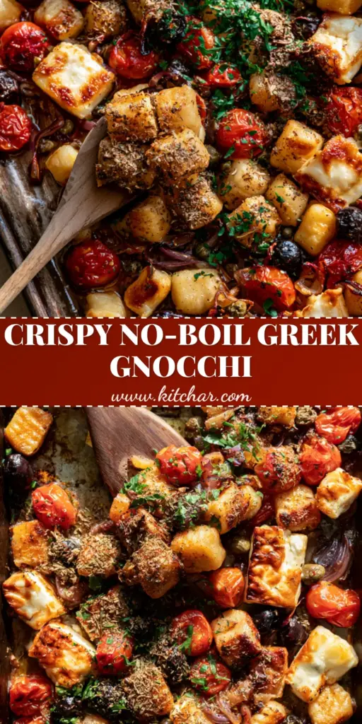A rustic dark metal sheet pan filled with crispy Greek Sheet Pan Gnocchi, blistered tomatoes, and toasted feta chunks under afternoon sunlight.