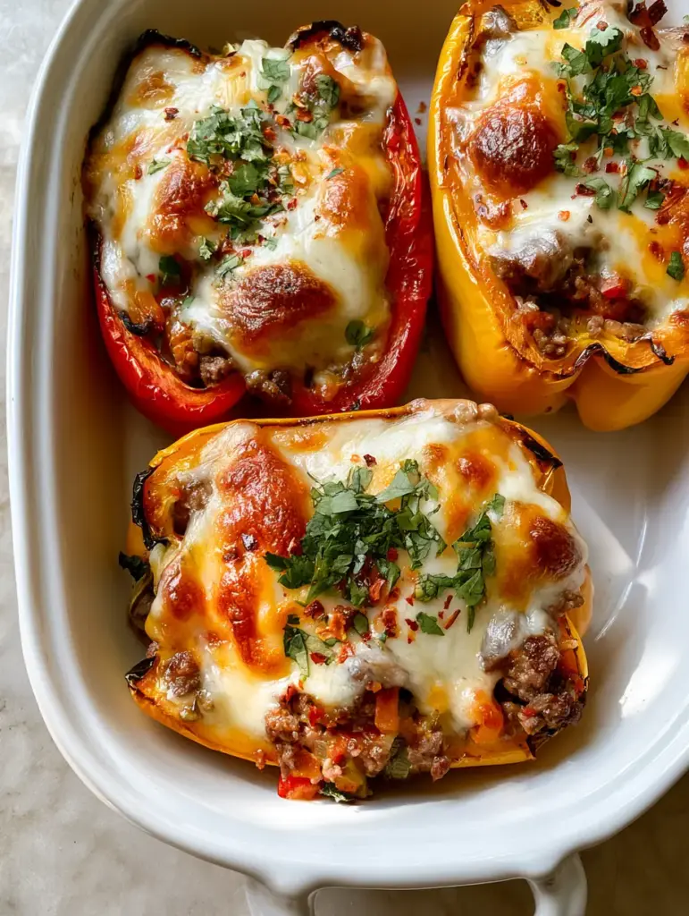Stuffed Bell Peppers Recipes: The Ultimate Cheesy Ground Beef Guide 1 Stuffed bell peppers in a ceramic dish on a marble countertop with natural lighting. (Stuffed Bell Peppers Recipes)