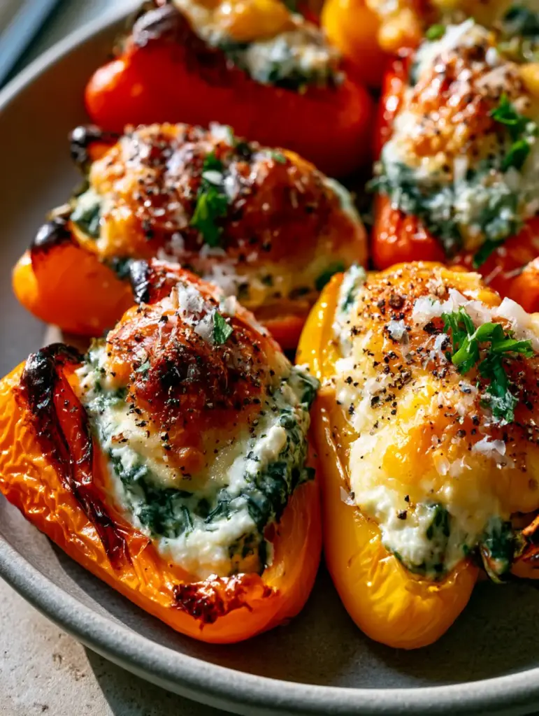 Ricotta Stuffed Peppers with Blistered Skins and a Toasted Parmesan Crust 1 Vibrant mini peppers overflowing with ricotta and topped with golden toasted mozzarella. (ricotta stuffed peppers)