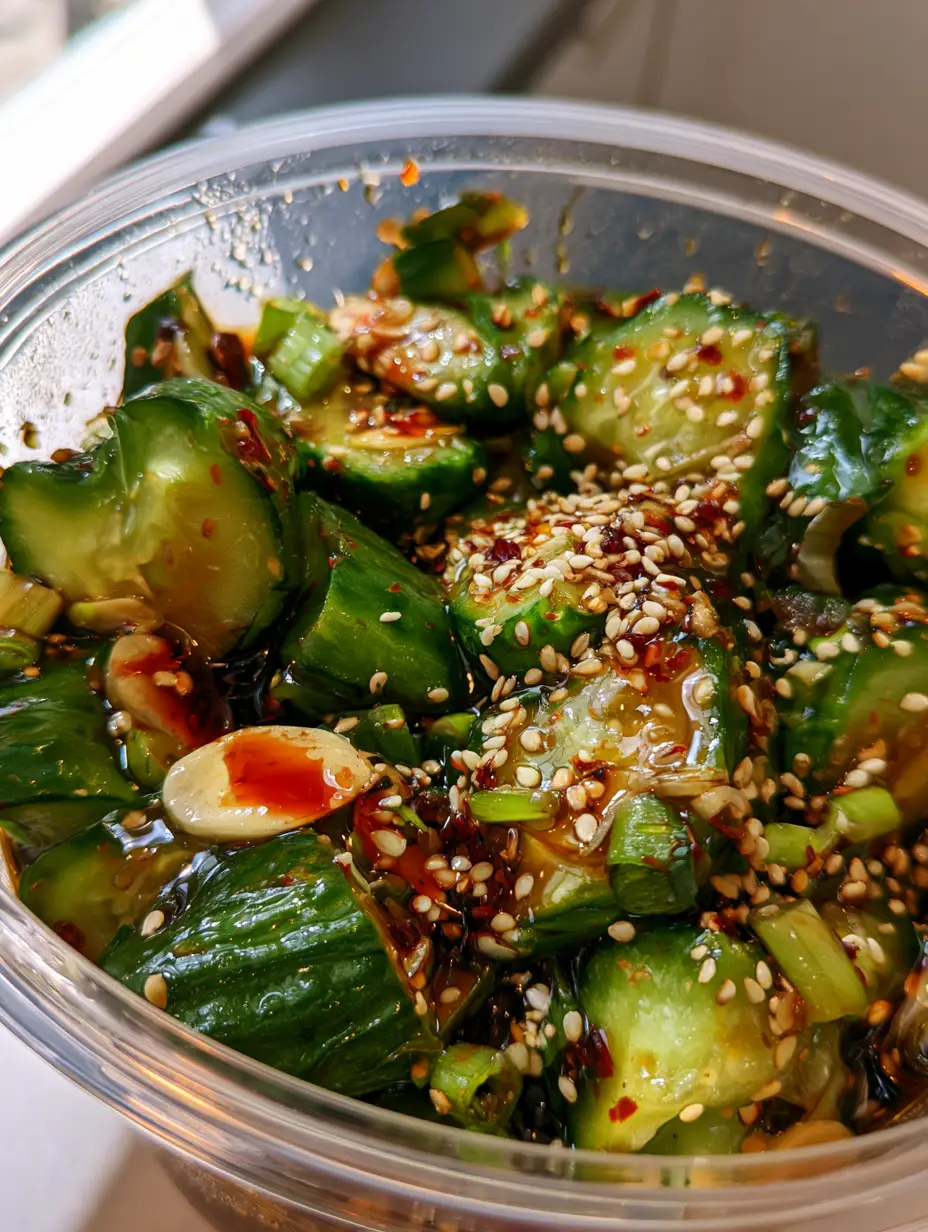 Handheld photo of a deli container being shaken filled with smashed cucumbers and dark soy marinade (viral cucumber salad).