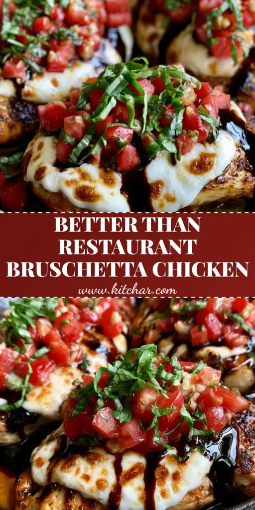 A close-up of three golden-brown bruschetta chicken breasts in a cast iron skillet topped with melted mozzarella, diced tomatoes, and balsamic glaze.