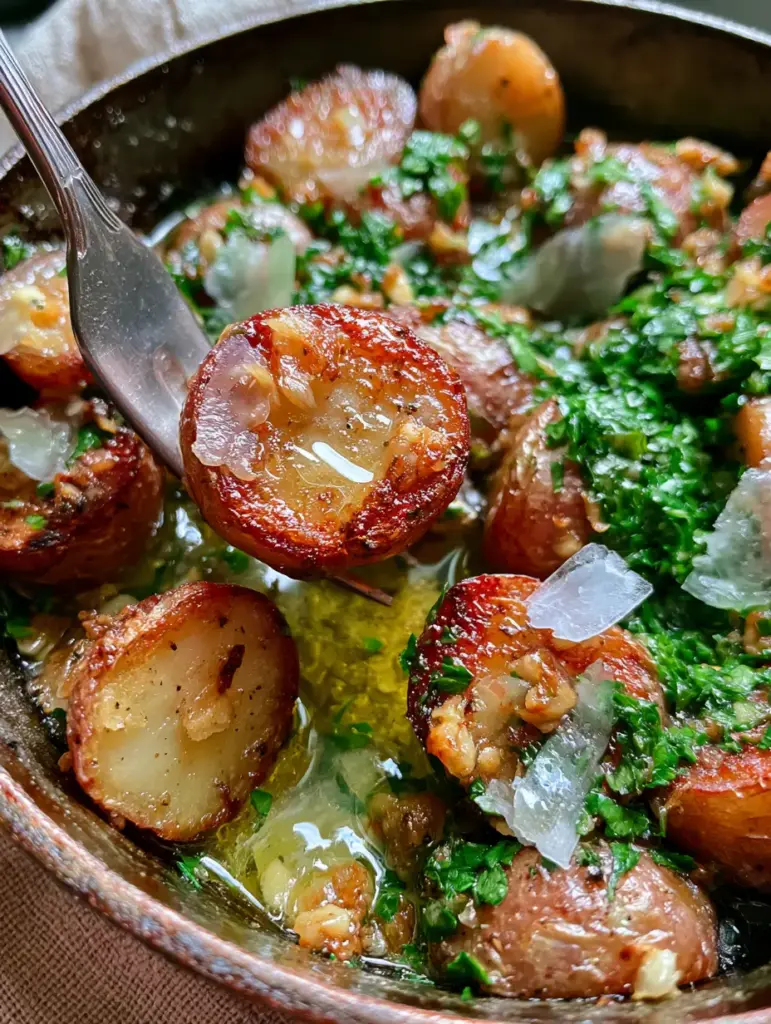 Potato Side Dishes: Crispy Garlic Butter Skillet Red Potatoes 1 A silver fork lifting a soft-centered potato from a skillet of garlic butter potato side dishes.