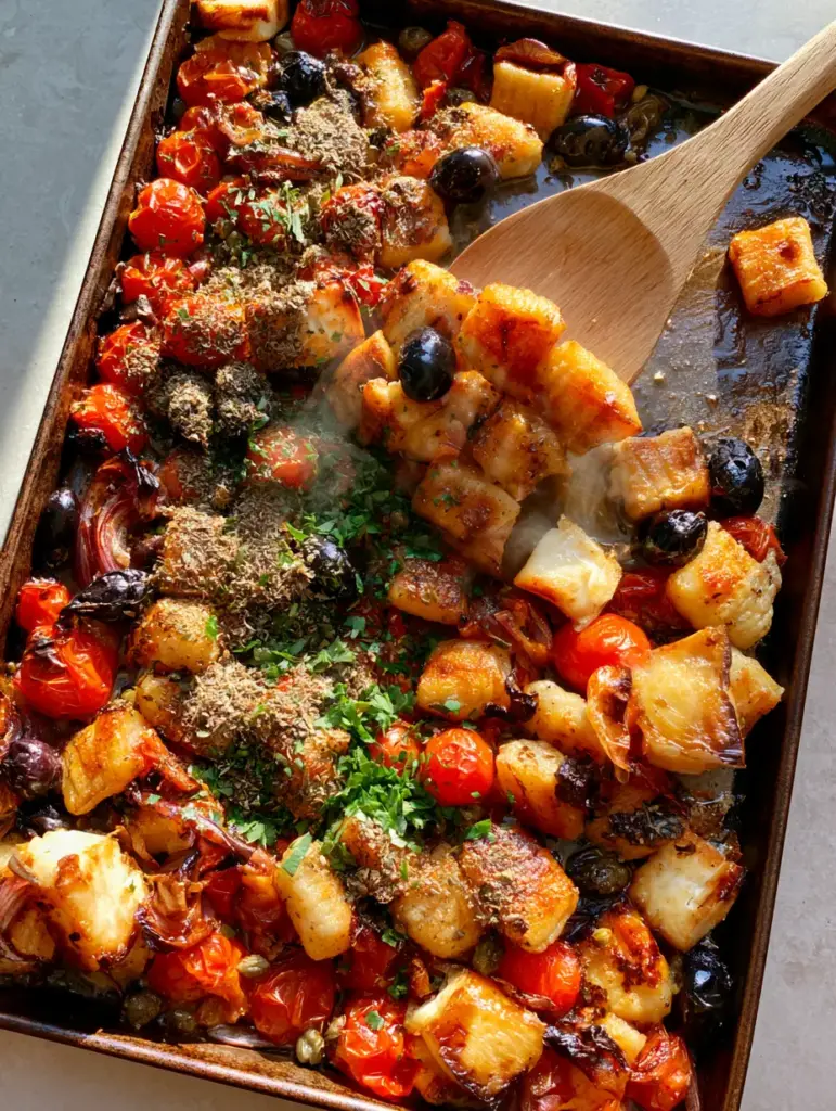 A wooden spatula lifting a portion of crispy Greek gnocchi from a dark metal sheet pan with visible steam.