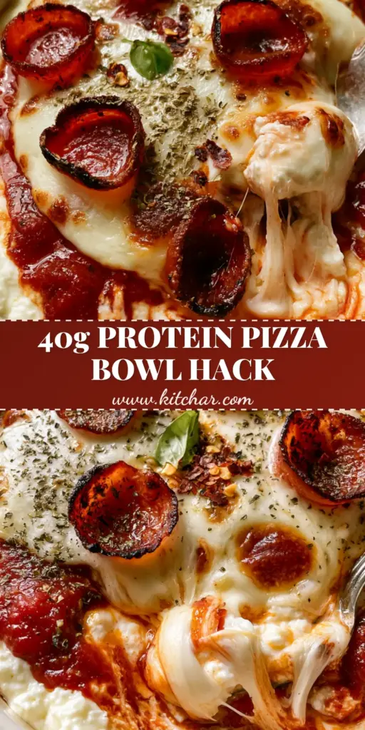 Cottage Cheese Pizza Bowl: The Ultimate High-Protein Comfort Meal 4 A handheld smartphone photo of a high-protein Cottage Cheese Pizza Bowl in a white ceramic bowl, featuring melted mozzarella with golden spots and charred pepperoni slices on a marble background.