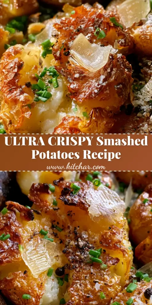 Potato Side Dish: The Ultimate Crispy Garlic Butter Smashed Potatoes 4 A close-up of crispy smashed baby yellow potatoes with garlic butter, chives, and parmesan in a cast iron skillet. (Potato Side Dish)