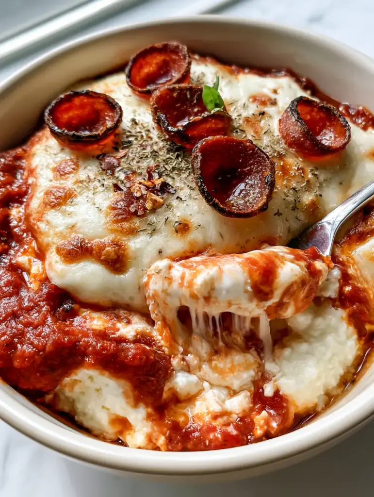 Cottage Cheese Pizza Bowl: The Ultimate High-Protein Comfort Meal 2 Close up shot of a Cottage Cheese Pizza Bowl with a silver spoon lifting a strand of melted mozzarella cheese, revealing the creamy marinara-swirled interior.