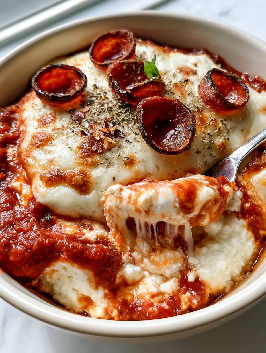 Cottage Cheese Pizza Bowl: The Ultimate High-Protein Comfort Meal 3 Close up shot of a Cottage Cheese Pizza Bowl with a silver spoon lifting a strand of melted mozzarella cheese, revealing the creamy marinara-swirled interior.