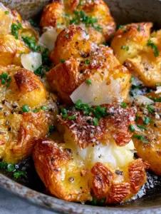 Macro photography of golden-brown smashed baby yellow potatoes with visible charred ridges and fluffy white interior. (Potato Side Dish)
