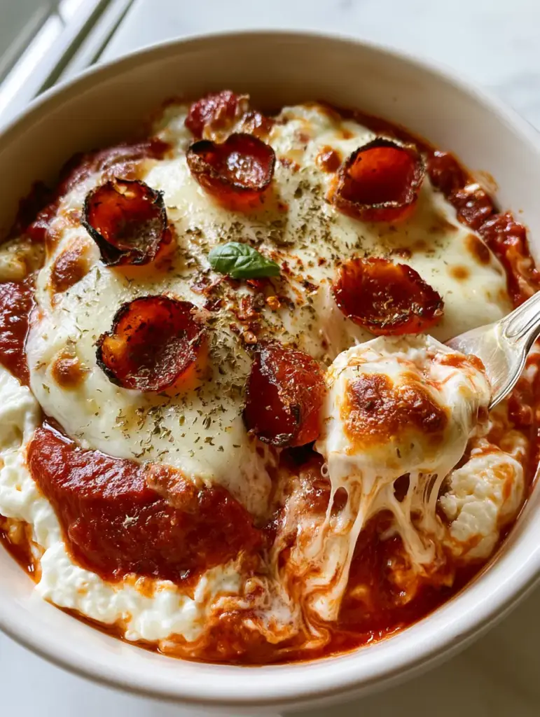 Cottage Cheese Pizza Bowl: The Ultimate High-Protein Comfort Meal 1 Top-down view of a Cottage Cheese Pizza Bowl showing crispy charred pepperoni, dried oregano, and a fresh basil leaf garnish in a stylish bowl.