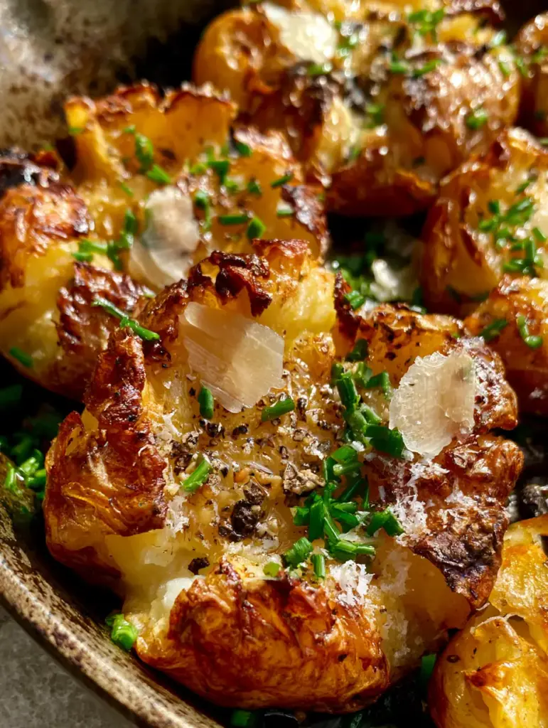 Potato Side Dish: The Ultimate Crispy Garlic Butter Smashed Potatoes 1 Extreme close-up of potatoes garnished with chives, flaky sea salt, and snow-like parmesan cheese in a dark skillet.