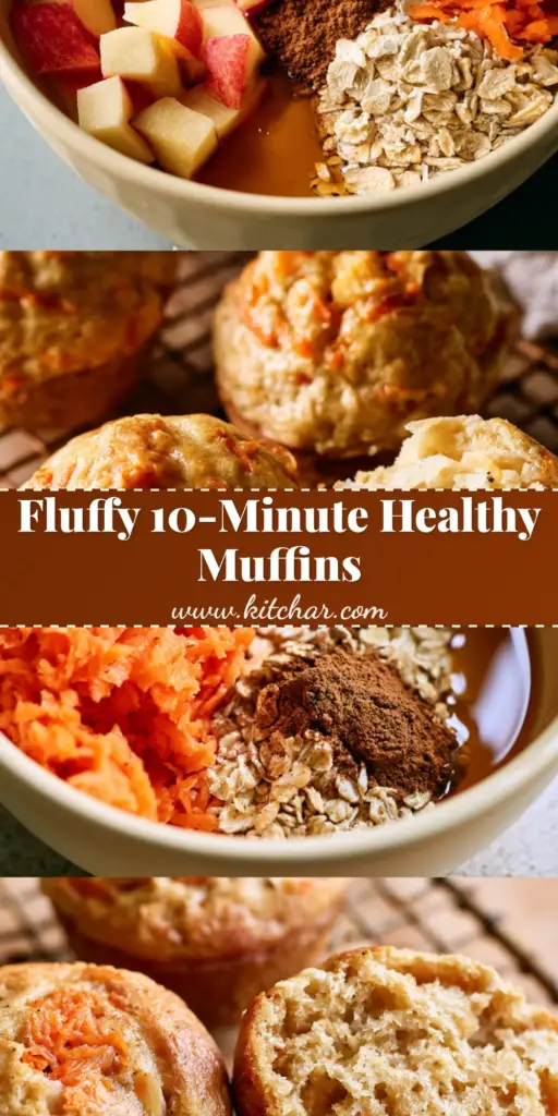 Carrot Apple Muffins: The Ultimate Fluffy Bakery-Style Recipe 4 A vertical split-screen showing fresh ingredients like grated carrots and diced apples in a cream bowl above, and three golden-brown carrot apple muffins on a wire rack below.