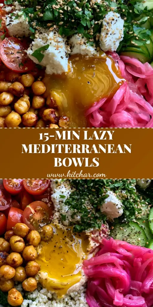 A vibrant Mediterranean Power Bowl with quinoa, kale, seared chickpeas, and tahini dressing. (Healthy bowl recipes)