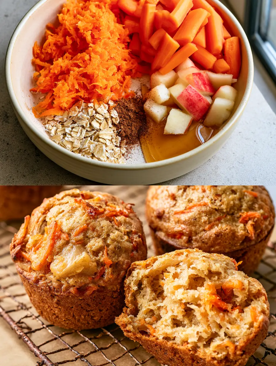Carrot Apple Muffins: The Ultimate Fluffy Bakery-Style Recipe 3 Close-up of deconstructed ingredients for carrot apple muffins including bright orange grated carrots, red Gala apples, and rolled oats in a ceramic bowl.