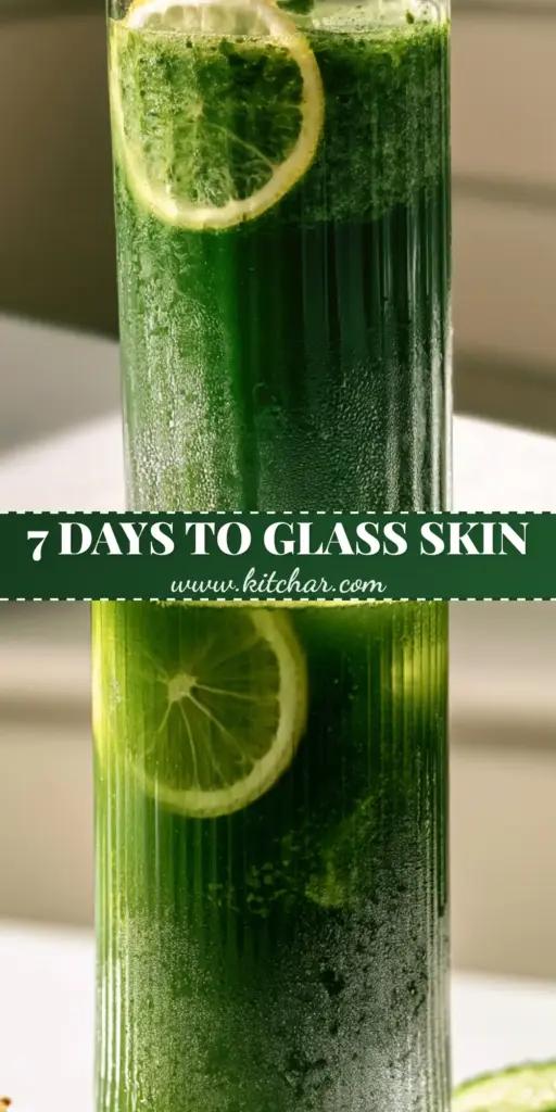 A tall ribbed glass of vibrant emerald green cold-pressed juice with condensation and a floating lemon slice. (glow-boosting juice recipes)