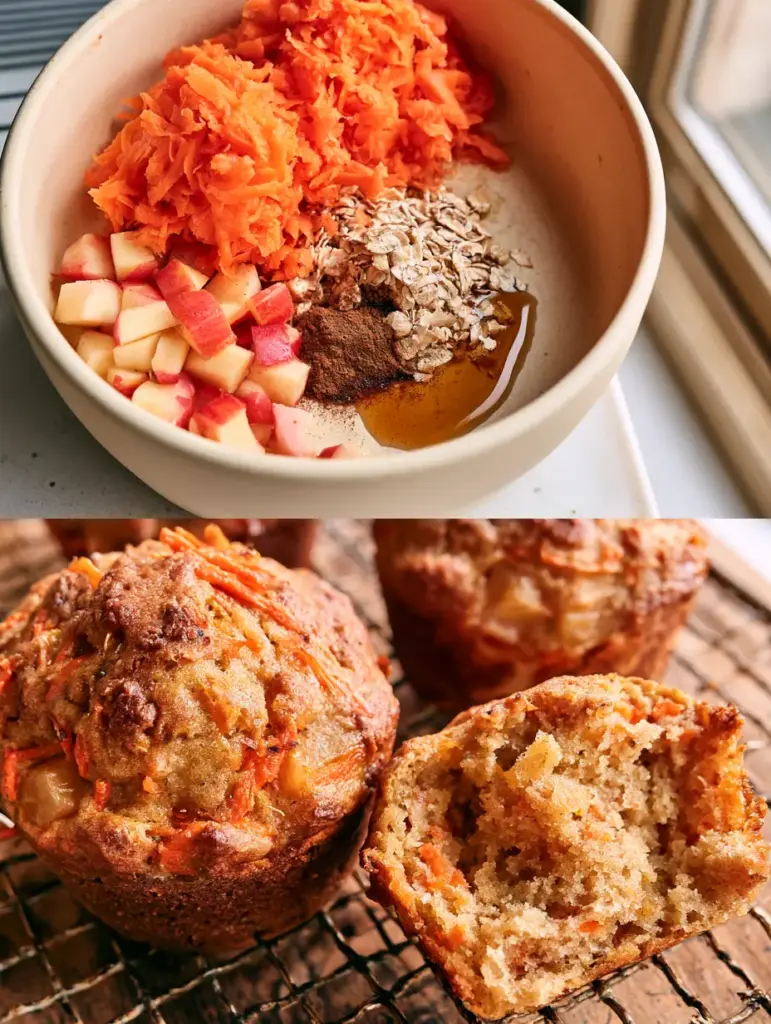 Carrot Apple Muffins: The Ultimate Fluffy Bakery-Style Recipe 1 A close-up of a broken-open carrot apple muffin on a wire rack, revealing an airy, moist internal crumb with visible carrot and apple chunks.