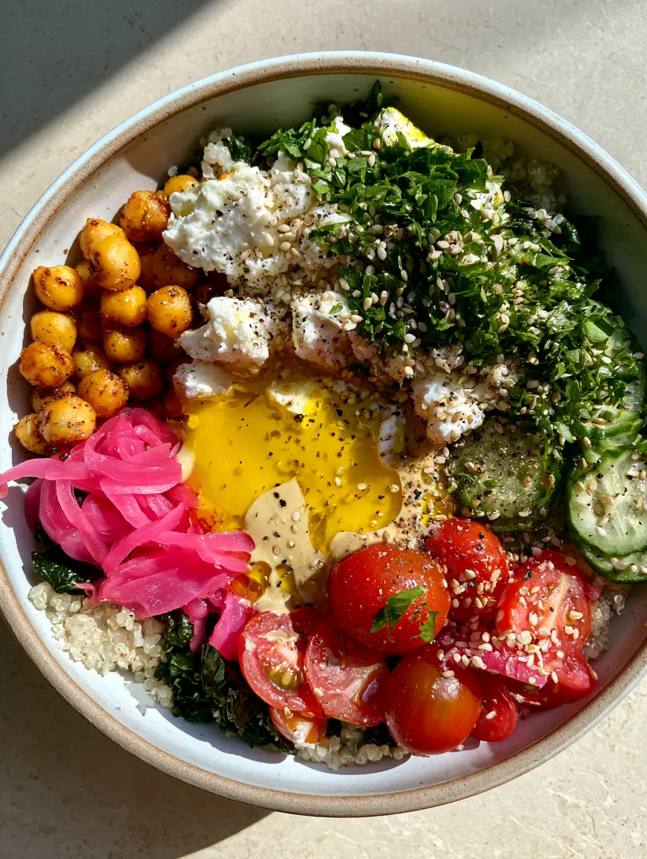 Close up of charred chickpeas and fluffy quinoa in a ceramic dish. (Healthy bowl recipes)