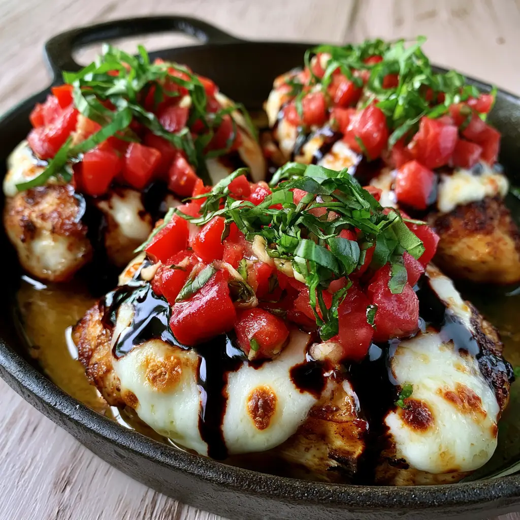A high-resolution shot of balsamic glaze drizzled over melted mozzarella and diced tomatoes on chicken breasts in a skillet.