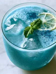 Detailed view of micro-bubbles and condensation on a glass of blue superfood juice.